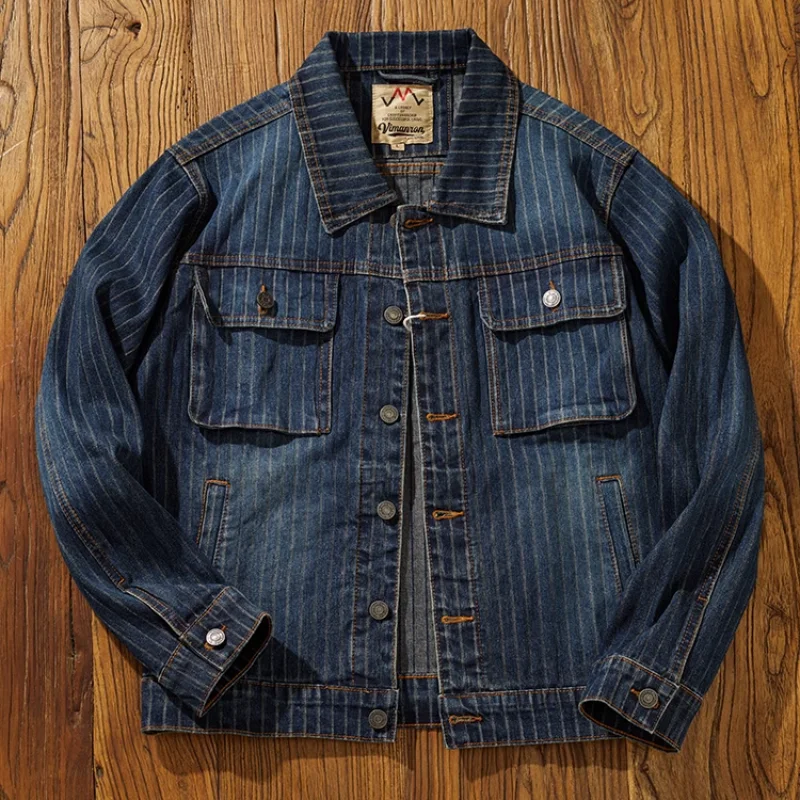 Washed denim jacket men's high street workwear old striped denim jacket fall casual all-in-one top