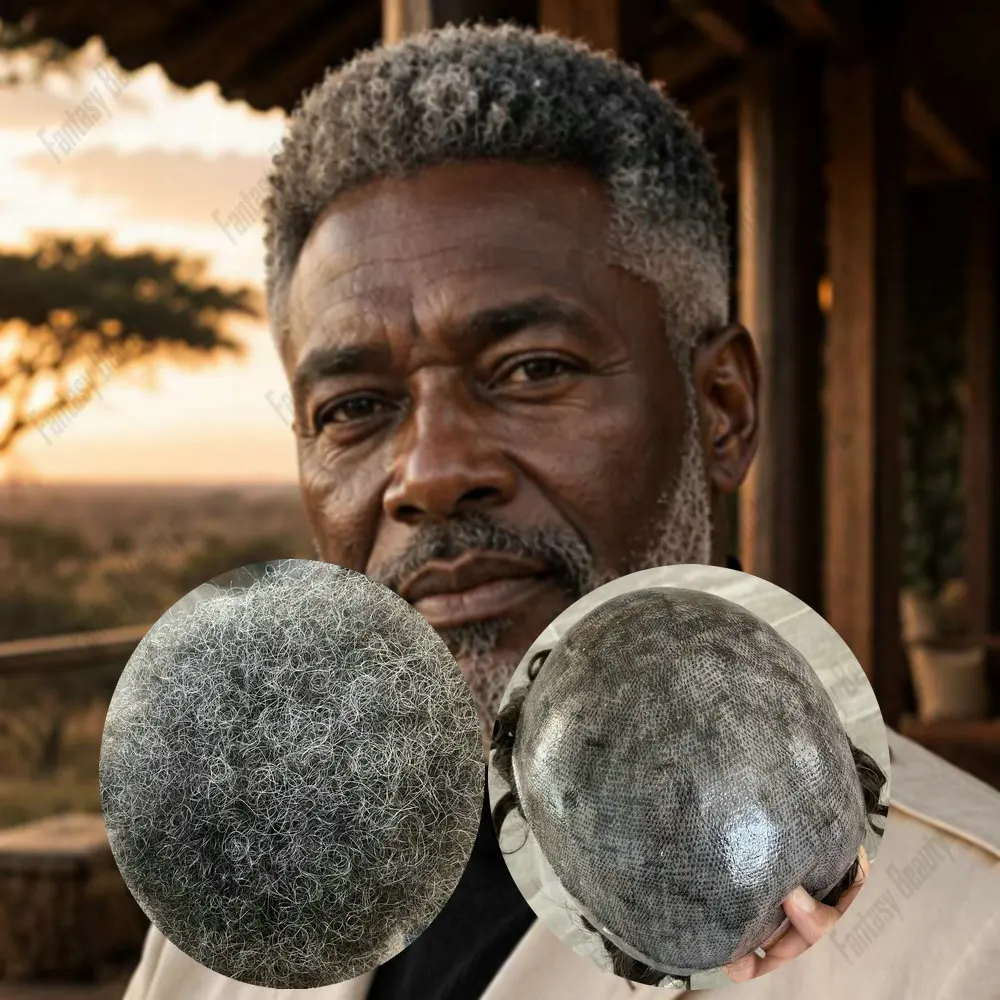 Afro Hair System 6mm Kinky Curly Men Toupee Durable Thin PU Skin Base Prosthesis Capillary 1B20 1B65 1B80 Grey Human Hair System