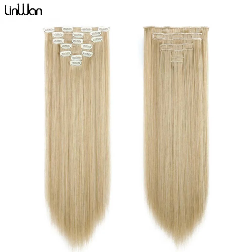 LINWAN 16 Clips in Hair Extensions Synthetic Long Straight Hair Clips for Women Hairpieces Heat Resistant False Hair Black Brown