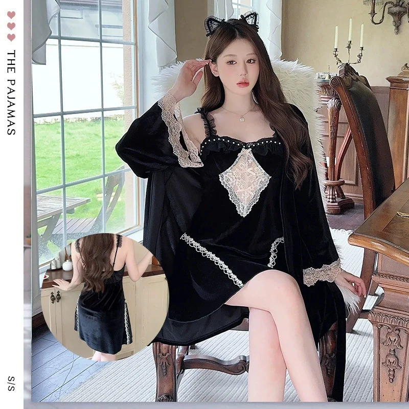 New Velvet Female Twinset Robe Set Sexy Hollow Out Lace Sequin Nightgown Lingerie Autumn Winter Velour Sleepwear Home Dress