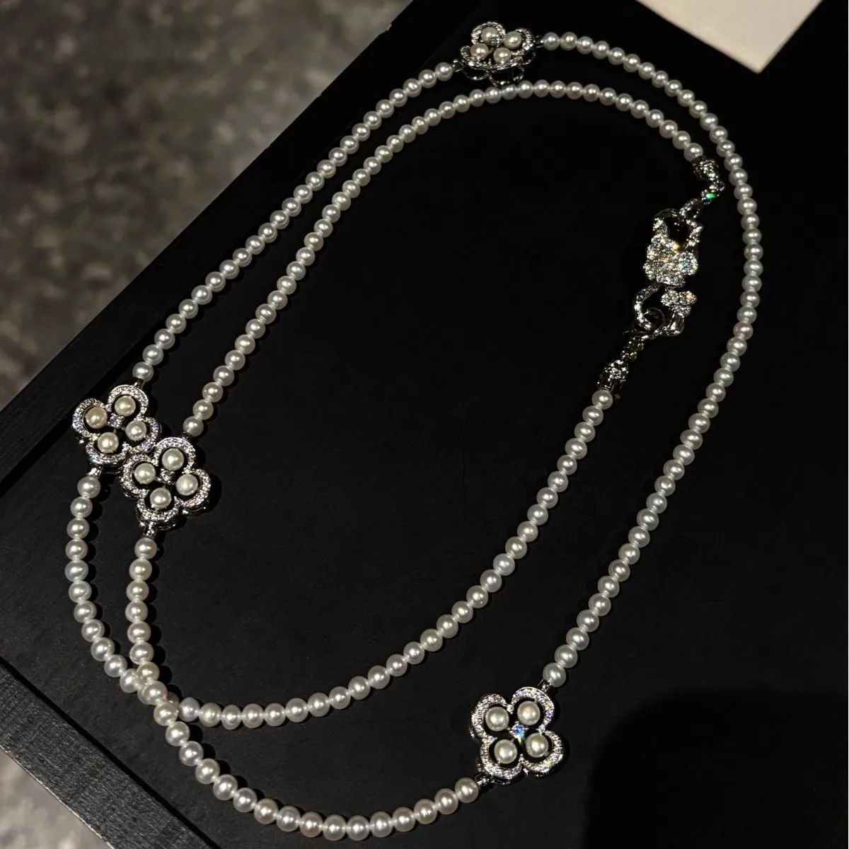 Natural Freshwater Pearl Long Necklace 4-5mm 80cm Four-leaf Clover Sweater Chain with Multi-function Clasp