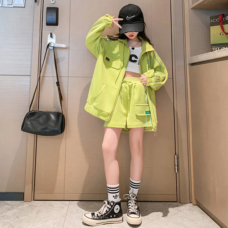 

Spring 2023 Teens Girls Clothing Sets Long Jacket Sweatshirt + Shorts pants Outfits Children Clothes Suit for 6 7 8 9 10 12 Year