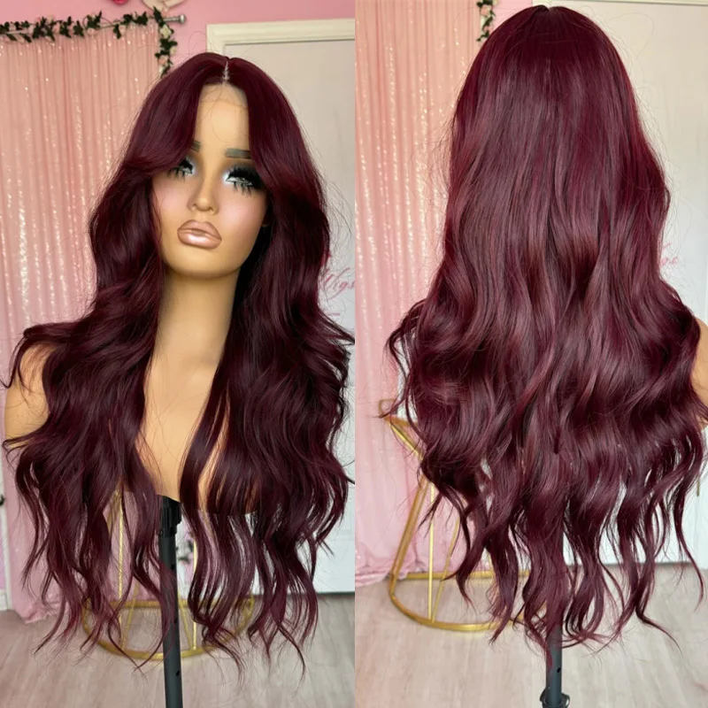 Natural Wig Women 99j Synthetic Soft Wavy Lace Front Wigs Burgundy High Heat Fibre Wine Red Cosplay Party Wigs Top Sale