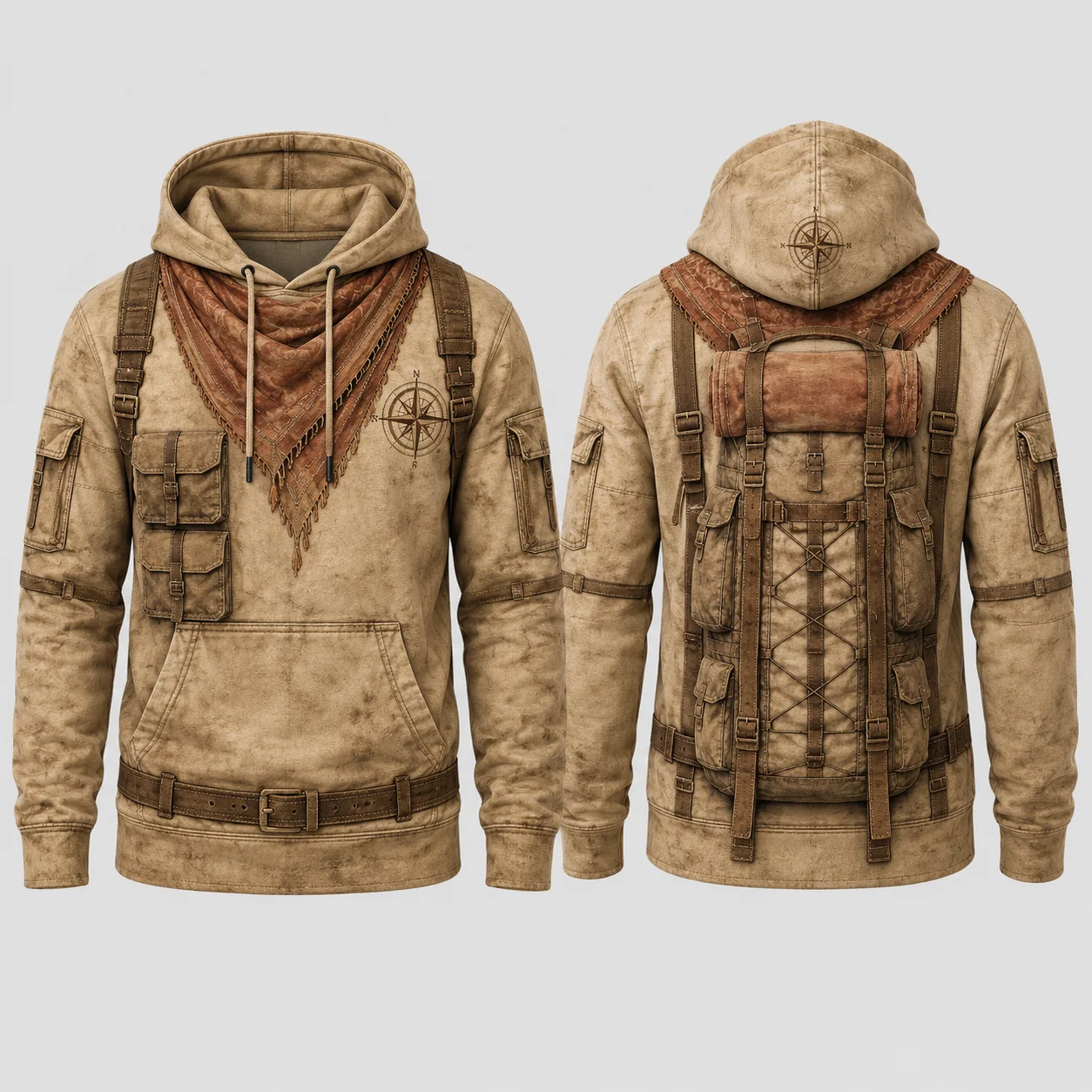 2027 Vintage Explorer Utility Hoodie Men Khaki 3D Sublimation Print Flat Graphic Pullover Sweatshirt Outdoor Streetwear