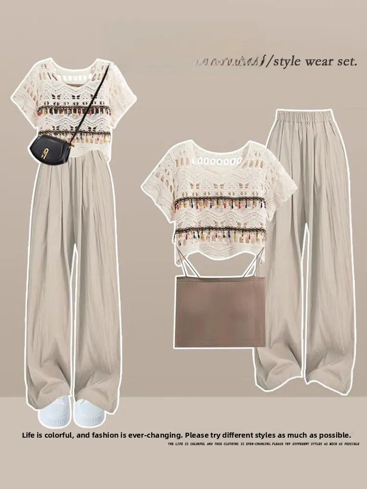 

Летний модный женский ансамбль Ele, ажурный топ с ремешком, широкие брюки для похудения, повседневные брюки, комплект футболок