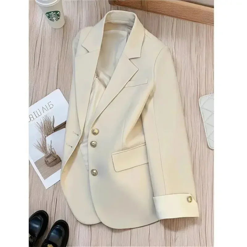 Kimotimo Blazer Women Autumn Winter Notched Collar Patchwork Long Sleeve Metal Button Jackets Korean Fashion Loose Tailored Coat