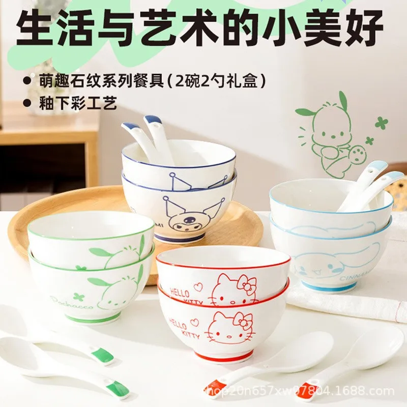 Hot Sanrios Hellokitty Kids Ceramic Bowl Spoon Set Ins Kuromi Cartoon Couple Home Round Bowl 2Pcs Anime Soup Bowl Cute Rice Bowl