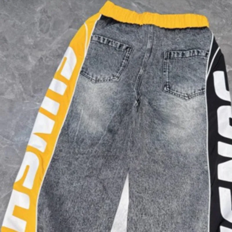 ANJY ฤดูใบไม้ร่วงใหม่ผู้หญิงกางเกงยีนส์ DENIM Patchwork ด้านข้างพิมพ์สายรัดเอวยางยืด Streetwear Casual Chic กางเกง A8764
