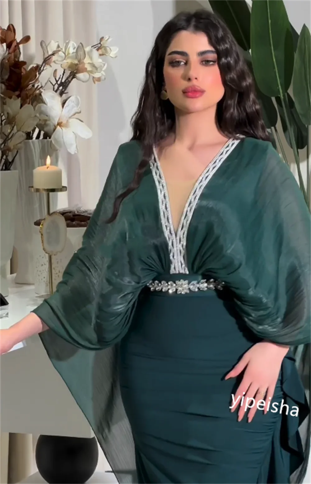 Vestido de noche plisado de satén con cuentas, traje Midi con cuello en V, a medida, Arabia Saudita