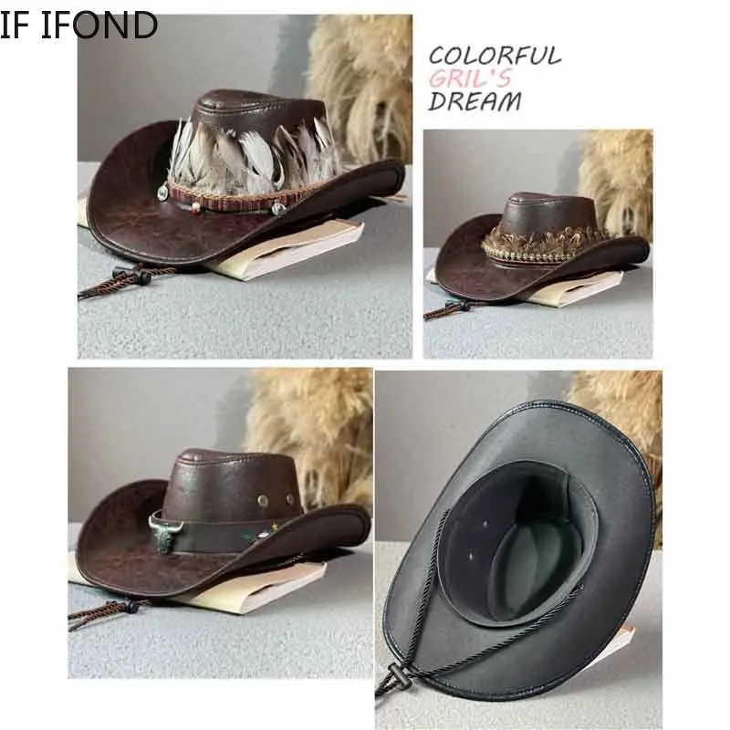 Autumn Winter Fashion Men Western Cowboy Hat Faux Leather Dad Gentleman Jazz Caps Vintage  Panama Cowgirl Hat Sombrero Hombre