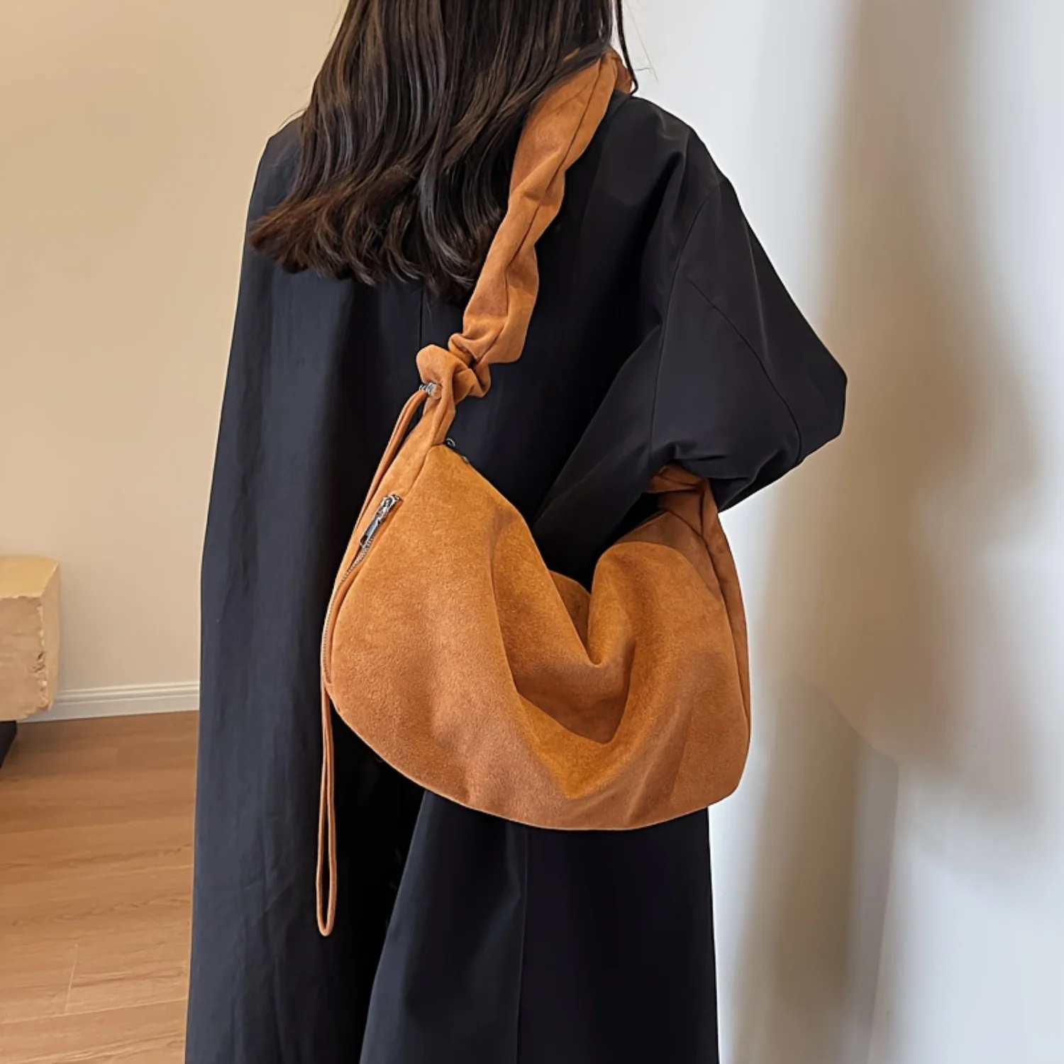 Vintage einfarbige Handtasche, klassische Damen-Geldbörse mit gerafftem Riemen