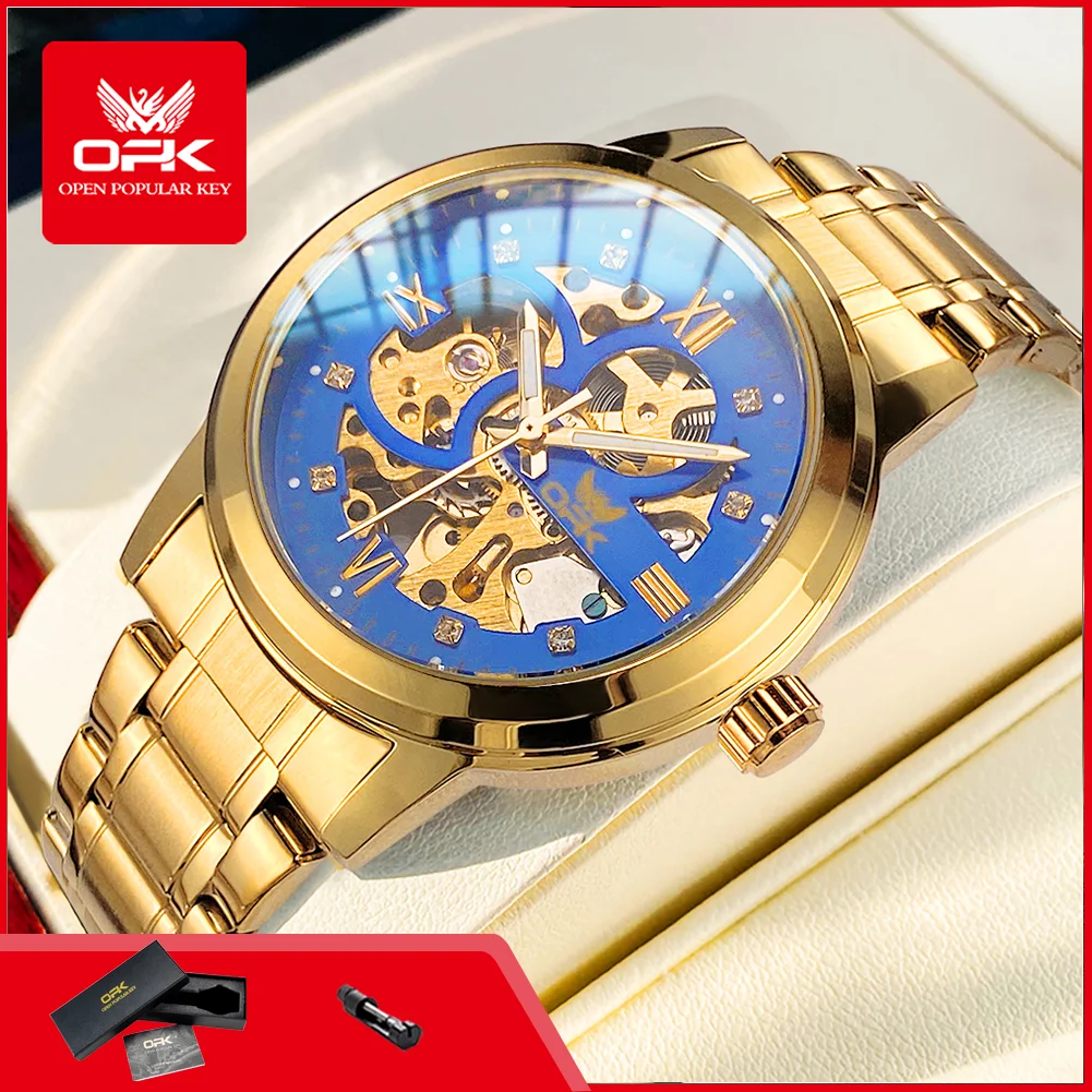 OPK 8165 Hollow Men's Mechanical Watch Waterproof Luminous Business Gold Classic Luxury Automatic Wristwatch for Man