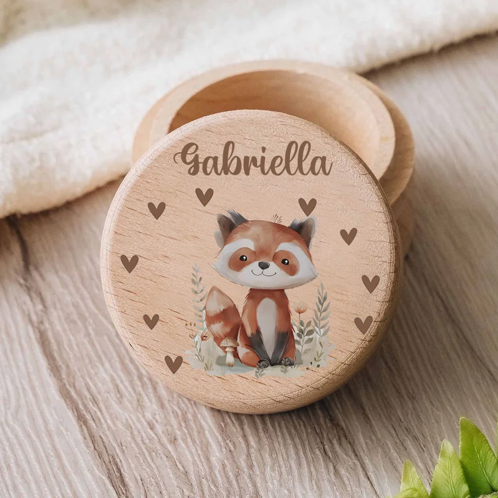 Custom Engraved Name Wooden Tooth Box Personalized Name with Cute Deer Bear Pattern Print Teeth Keepsake Organizer Wood Tooth St