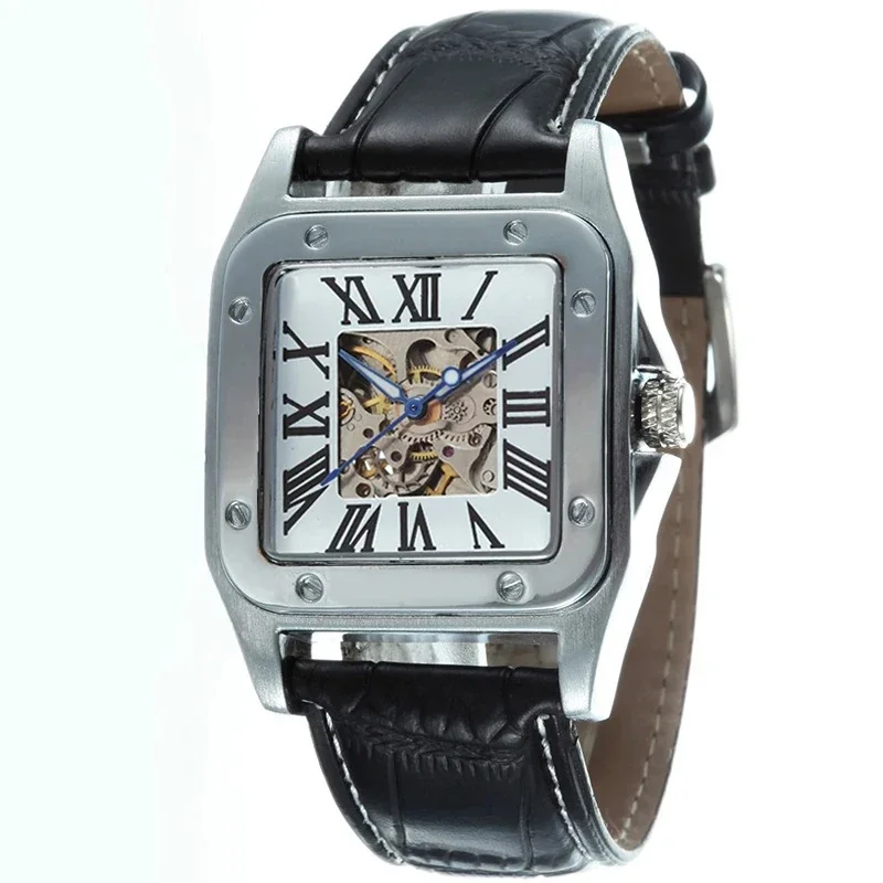 Automatic Mechanical Watch for Men Luxury Square Rectangle Shaped Orologio Skeleton Genuine Leather Business Man Male Wristwatch