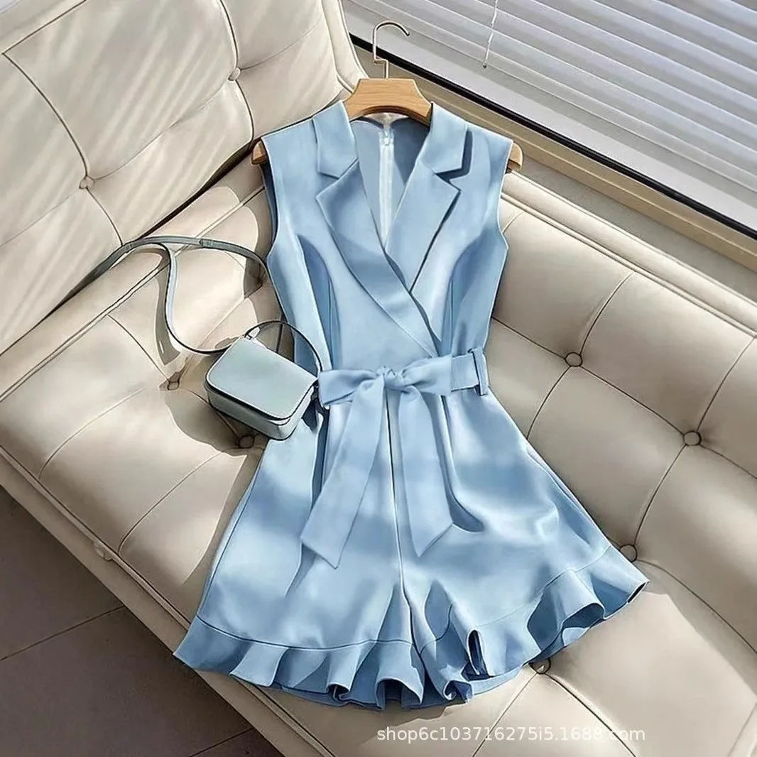 

Summer Women's Suit Shorts Sleeveless V Neck Pants Elegant Solid Color Trousers Light Blue Ruffle Hem Short Pants Ensemble