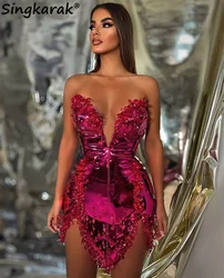 Glitter Hot Pink Short Prom Dress 2024 Beads Crystal Rhinestones Luxury Birthday Party Cocktail Gown Vestidos  Customized