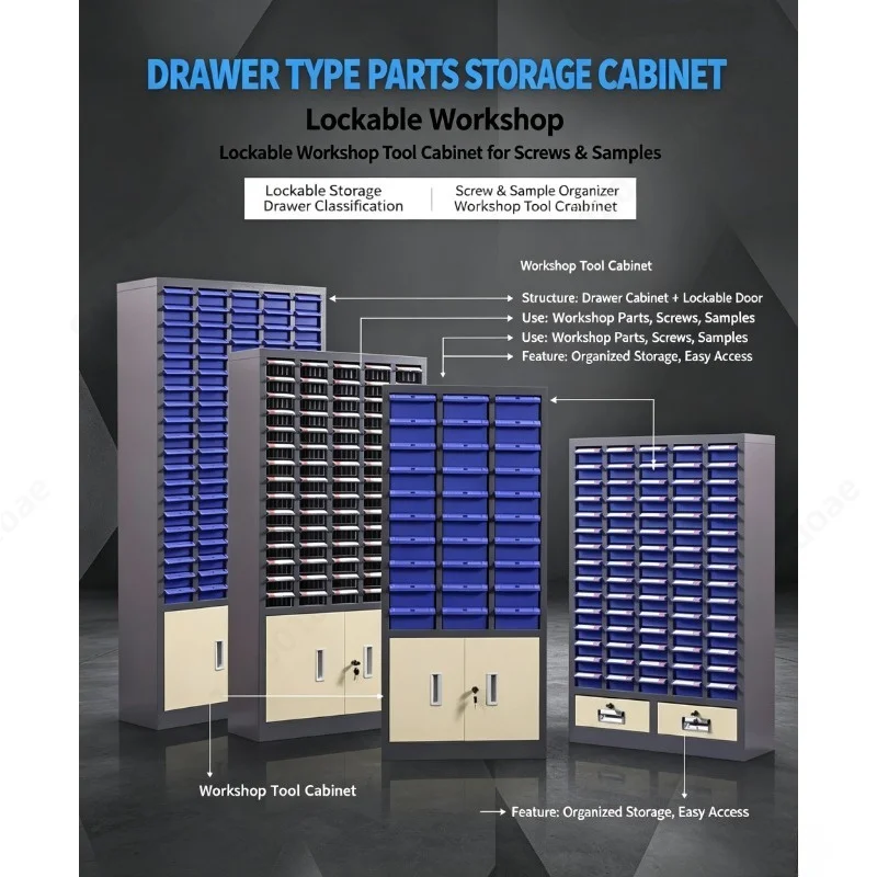 Drawer Type Parts Storage Cabinet with Lock, Workshop Tool Cabinet, Screw & Sample Storage Box