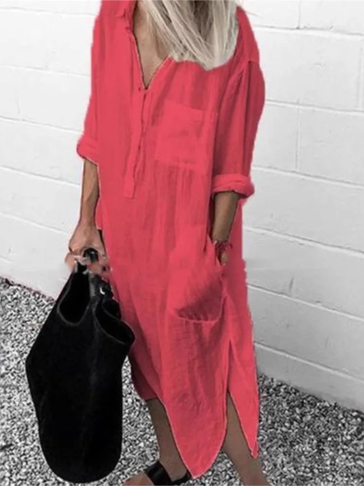 El nuevo vestido camisero con abertura de Color sólido, moda de otoño para mujer, vestido camisero sencillo holgado largo con botones y bolsillos, ropa informal femenina