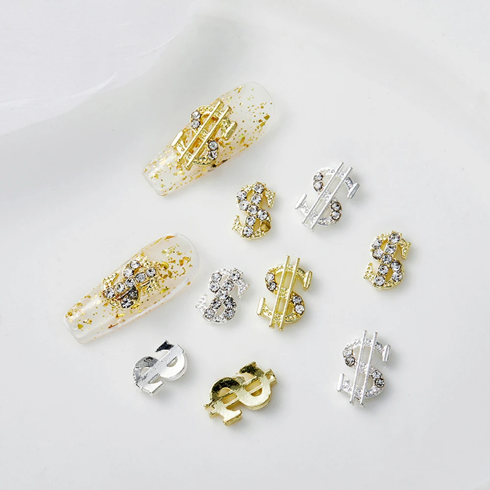 10pcs Alloy USA Dollar Sign Nail Art Charm 3D Zircon Money Coin Press On Nail Rhinestones Jewelry DIY Luxury Nail Accessories