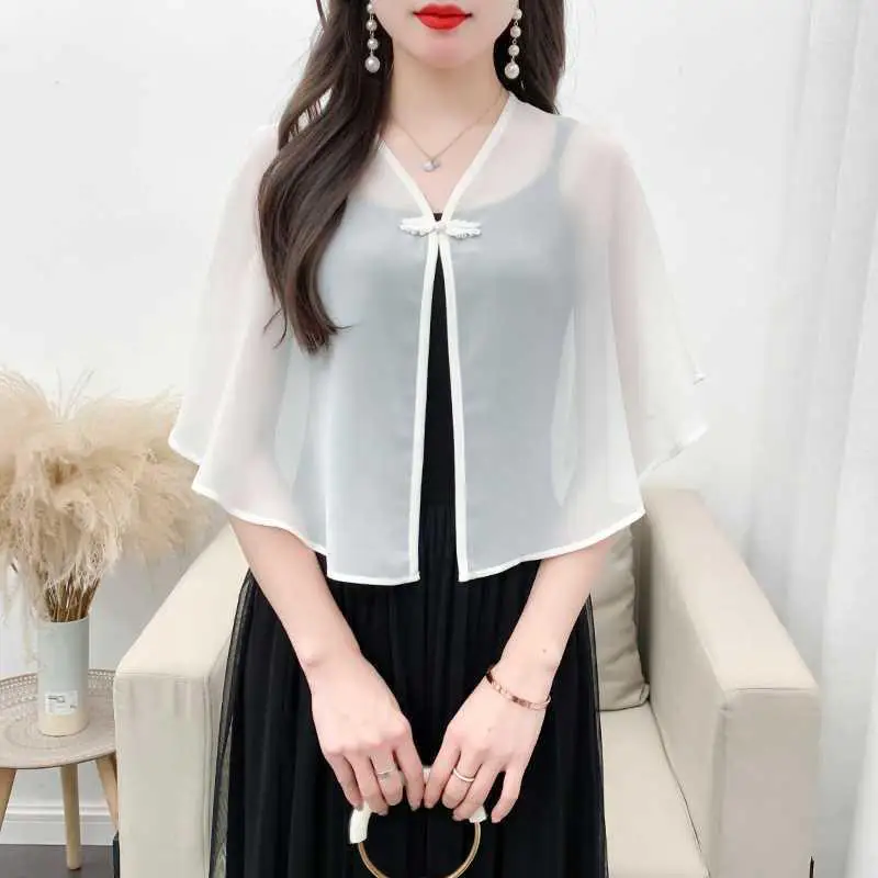 Chiffon kleine sjaal dames zomerjurk losse pasvorm cropped vest lichtgewicht zonwering vest jas veelzijdige bovenkleding