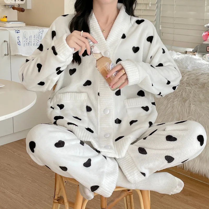 

Autumn And Winter New Thickened Flannel Baby Clothes Postpartum Nursing Clothes Coral Maternity Pajamas Home Clothes Suit V-neck