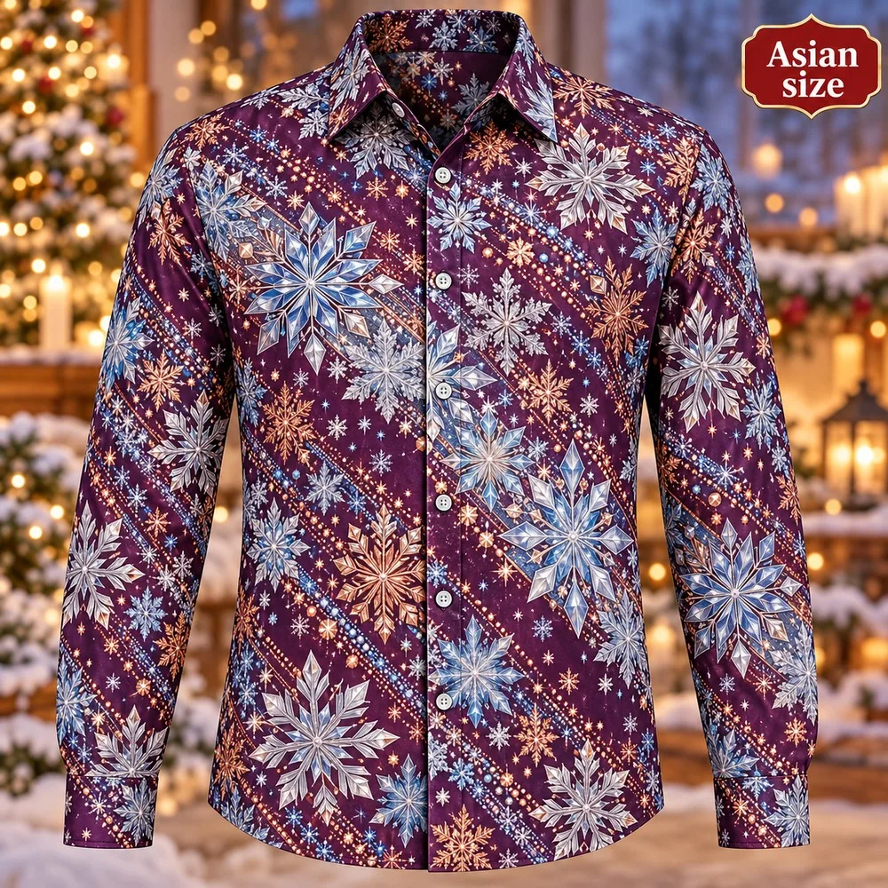 2026 Christmas Crystal Snowflakes Long Sleeve Button Down Shirt for Men 3D Print Polyester Holiday Party Winter Casual Shirts