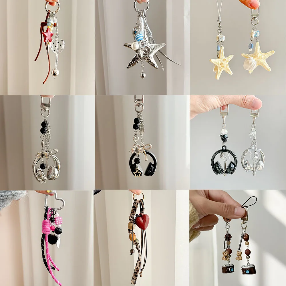 Retro Star Bead Charm Keychain Women Fashion Headphone Bag Hanging Heart Pendant Car Key Chain Jewelry Lanyard Keyring Gifts
