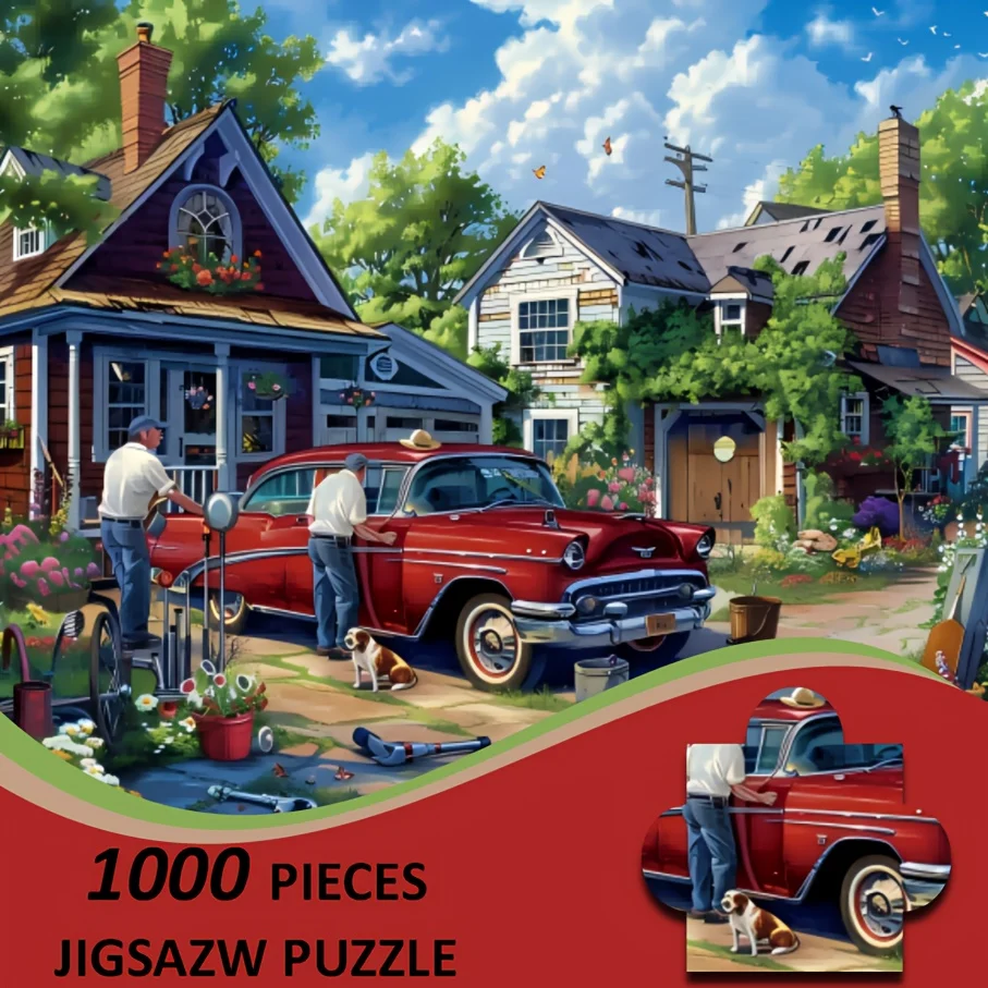 

[Vintage | Red Car] A Vintage Red Car Jigsaw Puzzle | Artistic Paper Puzzle with Charming Neighborhood Scene | Perfect Thanksg
