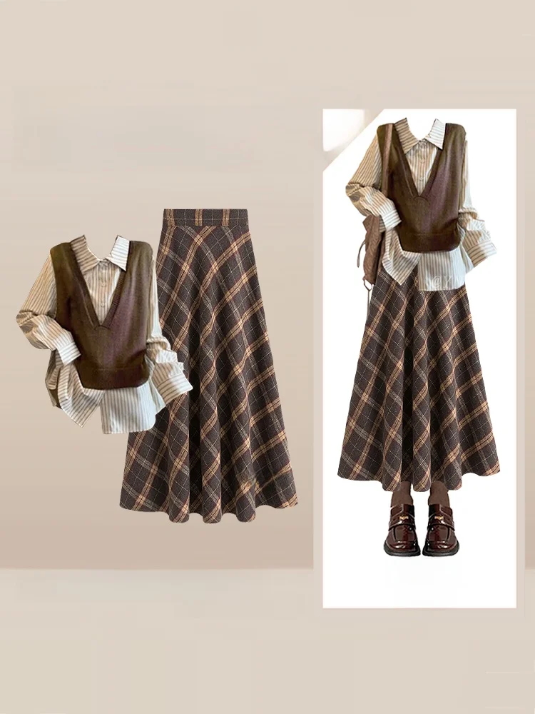 Unique belle grande taille ensemble automne hiver manger joie f jupe gilet tricoté irt collège Sle vêtements t-shirt pièce...