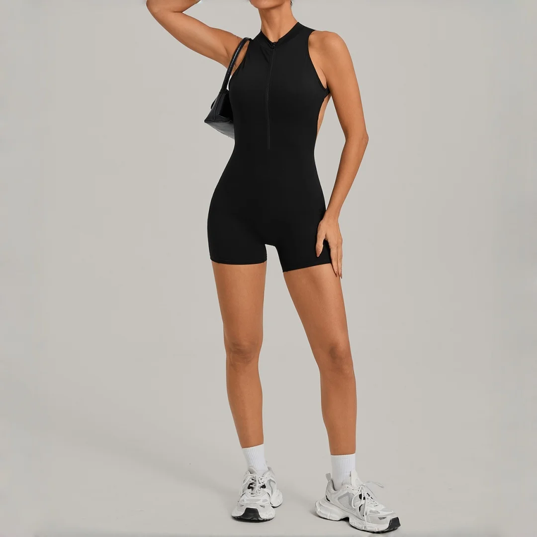 

Женский комбинезон для йоги с эффектом подтяжки бедер, без спинки, с короткой молнией, цельный спортивный комбинезон для фитнеса, бега, тренировок, спортзала, йоги, шорты-боди