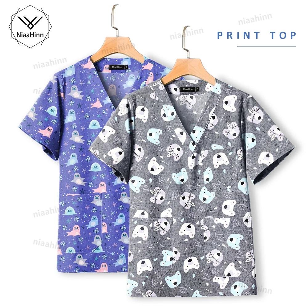 

Cartoon Beauty Spa Uniform Breathable Nursing Shirt Tops Women Cleaning Uniforms Medical Printed Cotton Work Wear Mens Scrub Top