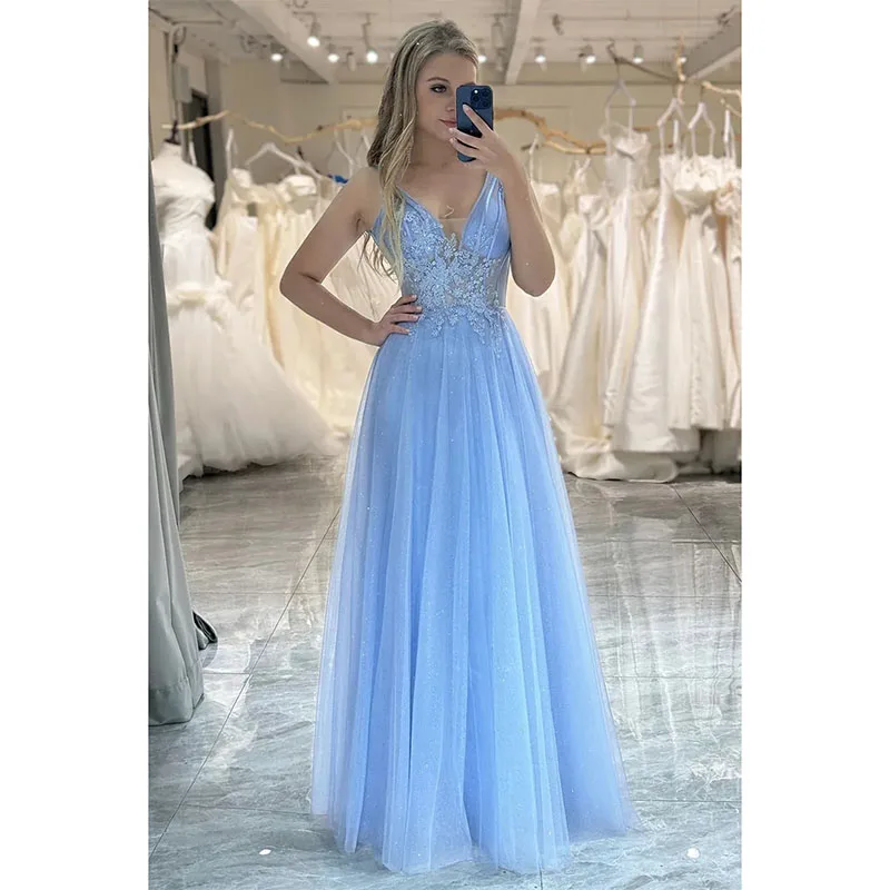 

New Sky Blue Evening Dressess V-Neck Sleeveless Lace Appliques A-line Women Formal Prom Gowns Celebrity Robe De Soiree