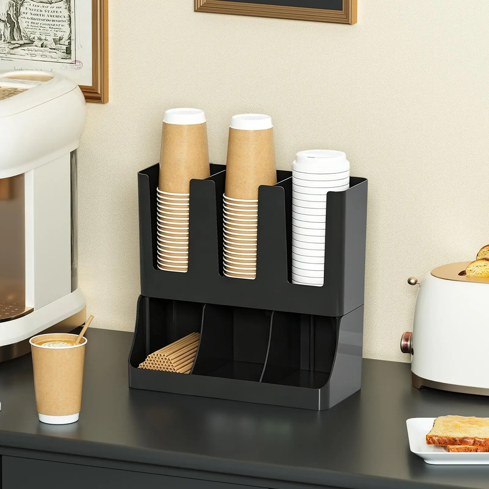 Coffee Organizer 6-Compartment Countertop Holder Coffee Set Up Station Cup Organizer For Pods Tea Packets Condiment Syrup Home