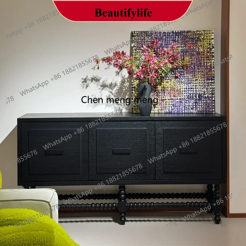 C178  French medieval solid wood black dining side entrance cabinet retro carved three-door locker