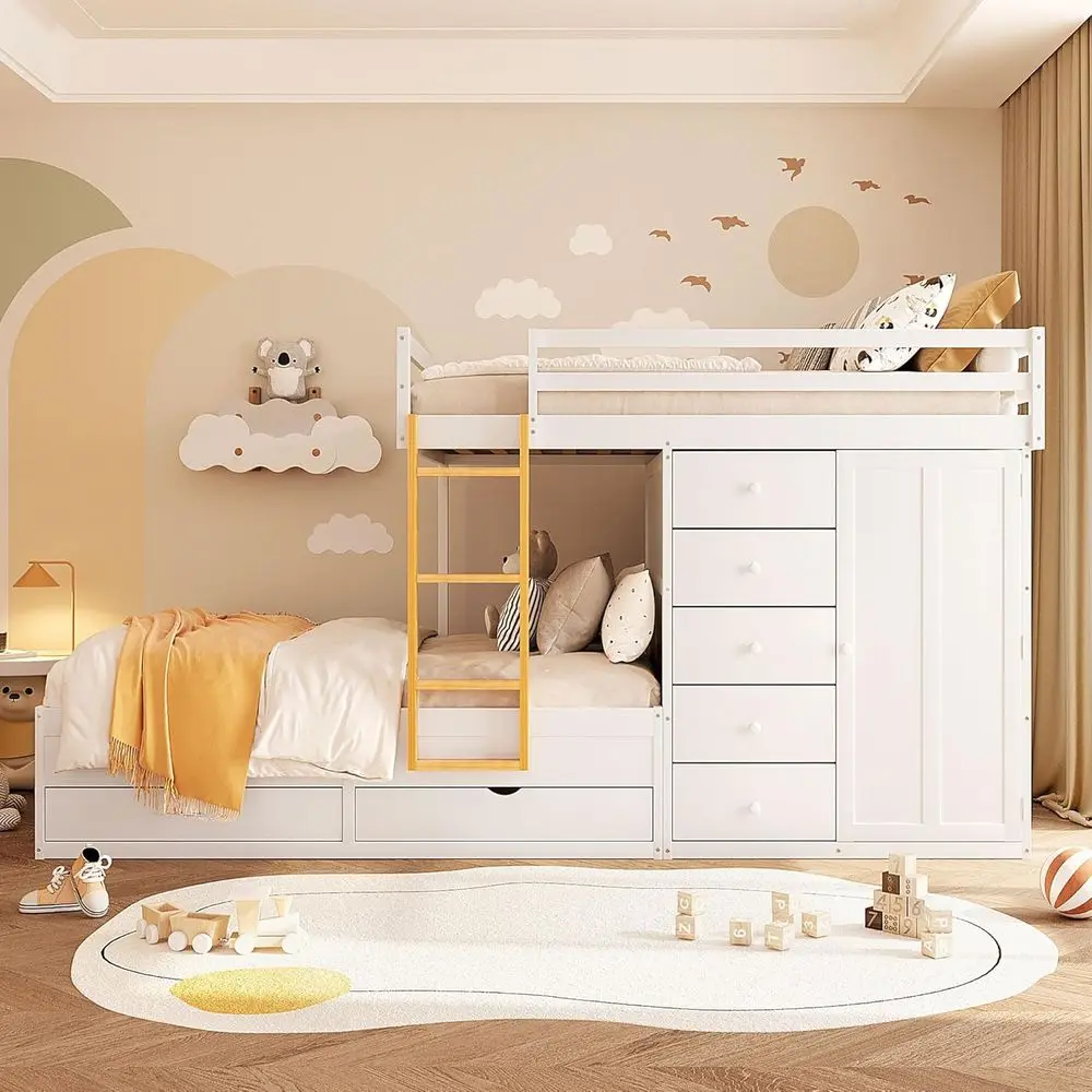 

VilroCaz Solid Wood Bunk Bed, 2 Large Drawers & 5 Small, White, Suitable for Kids, Teens & Adults