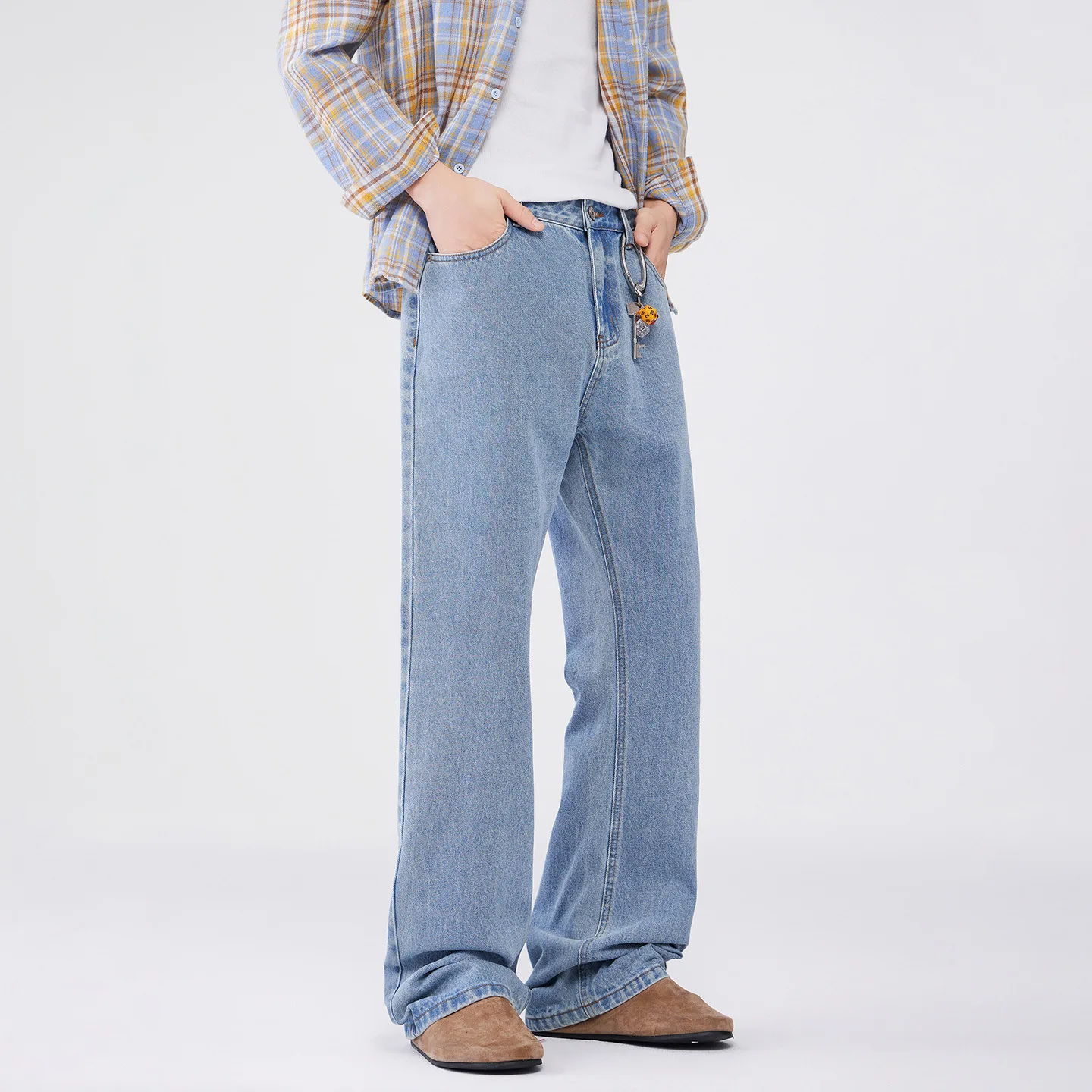 

Мужская модная японская уличная одежда, винтажные свободные повседневные расклешенные джинсы, джинсовые брюки, осенне-зимние потертые синие джинсы