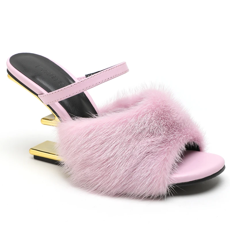 European and American style mink fur leather high heels, women\'s slim heels, summer new fish mouth sandals, women\'s fur slippers