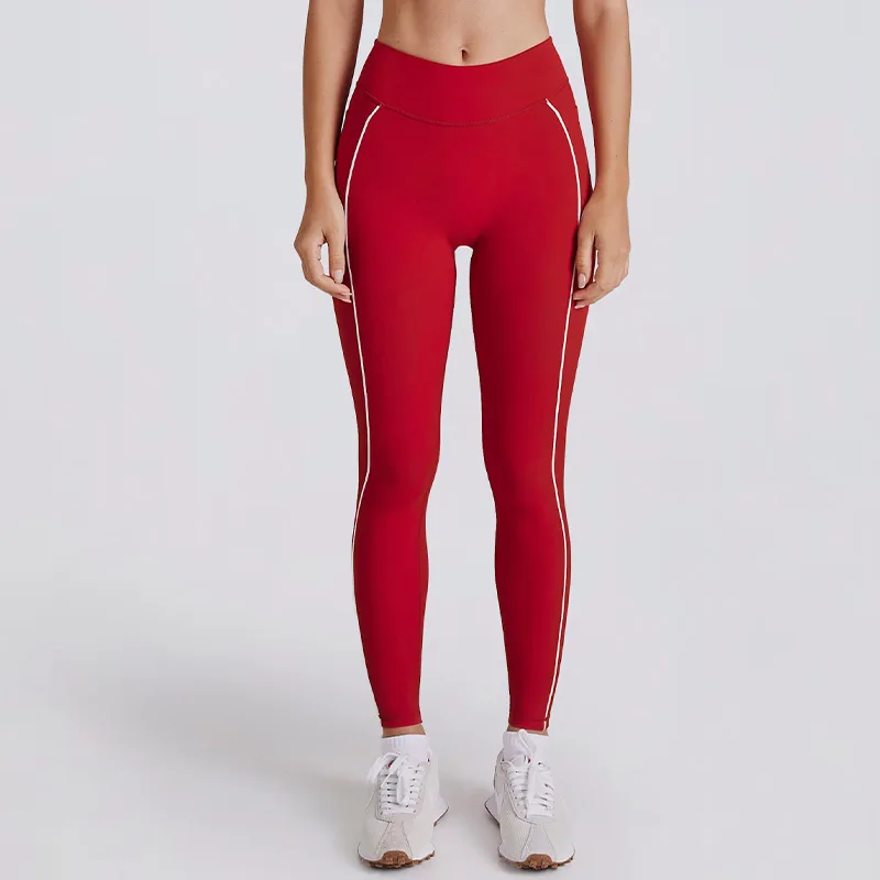 

Fake Two Sports Pants White Striped Yoga Pants V-shaped Waistband Slim Fit and Slimming Leggings Hip Lifting Yoga Pants Leggings