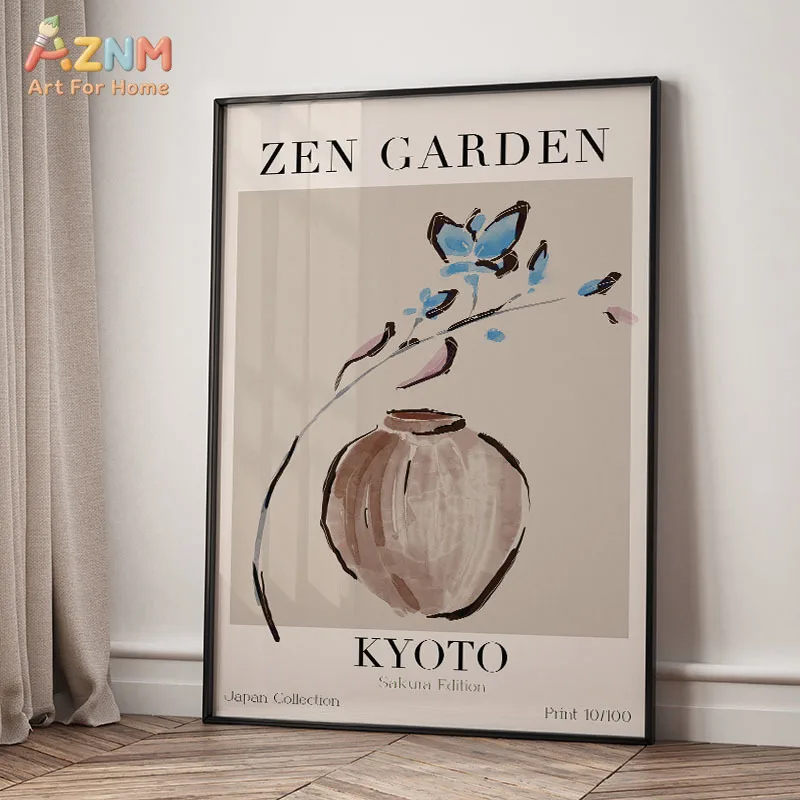 AZNM Kyoto Zen Garden Canvas Wall Art Blue Bird Lotus Swallow Floral Vase Minimalist Japanese Neutral Tone Unframed Canvas Decor