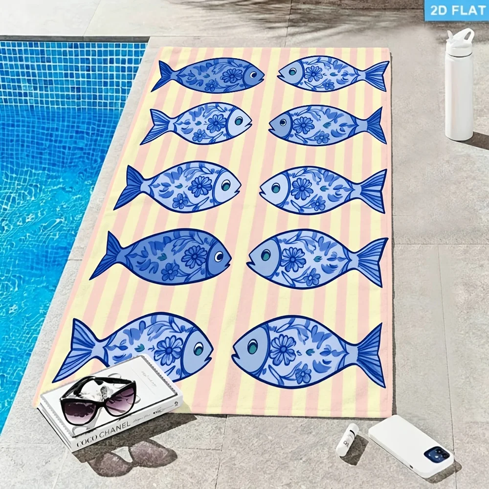 Mediterranean Style Fish Beach Towel 1Pc Microfiber Waterproof Sandproof 2D Flat Printed Summer Holiday Pool Towel