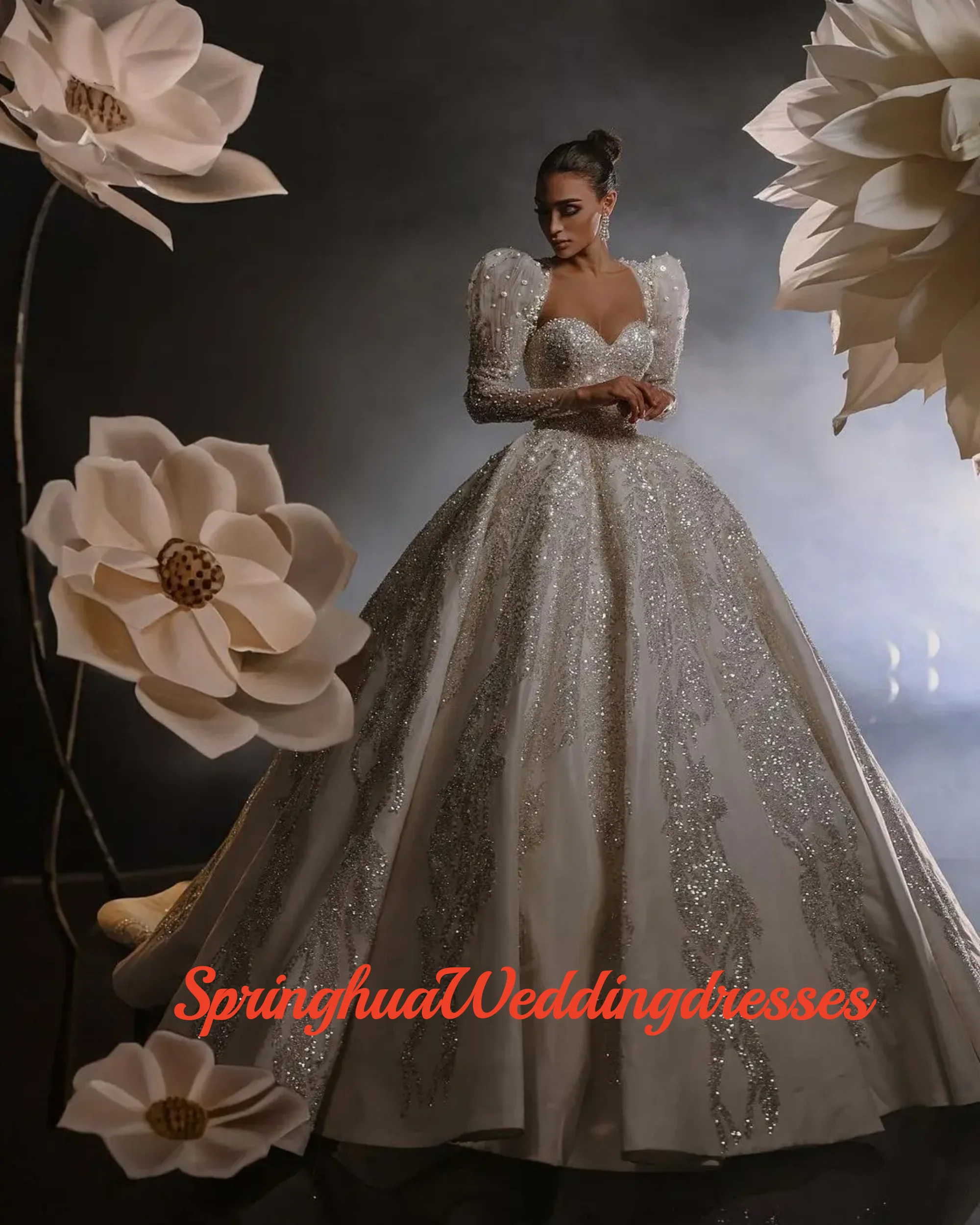 Customzied Luxury Ball Gown Wedding Dresses Long Sleeves Sweetheart Lace Appliques Ruffles Pearls Beads Bridal Gowns Vestina De