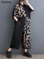 Oversized Polka Dot Print Summer 2 Two Piece Set Women Irregular Fashion Casual Ladies Shirts Wide Leg Loose Pleated Woman Pant