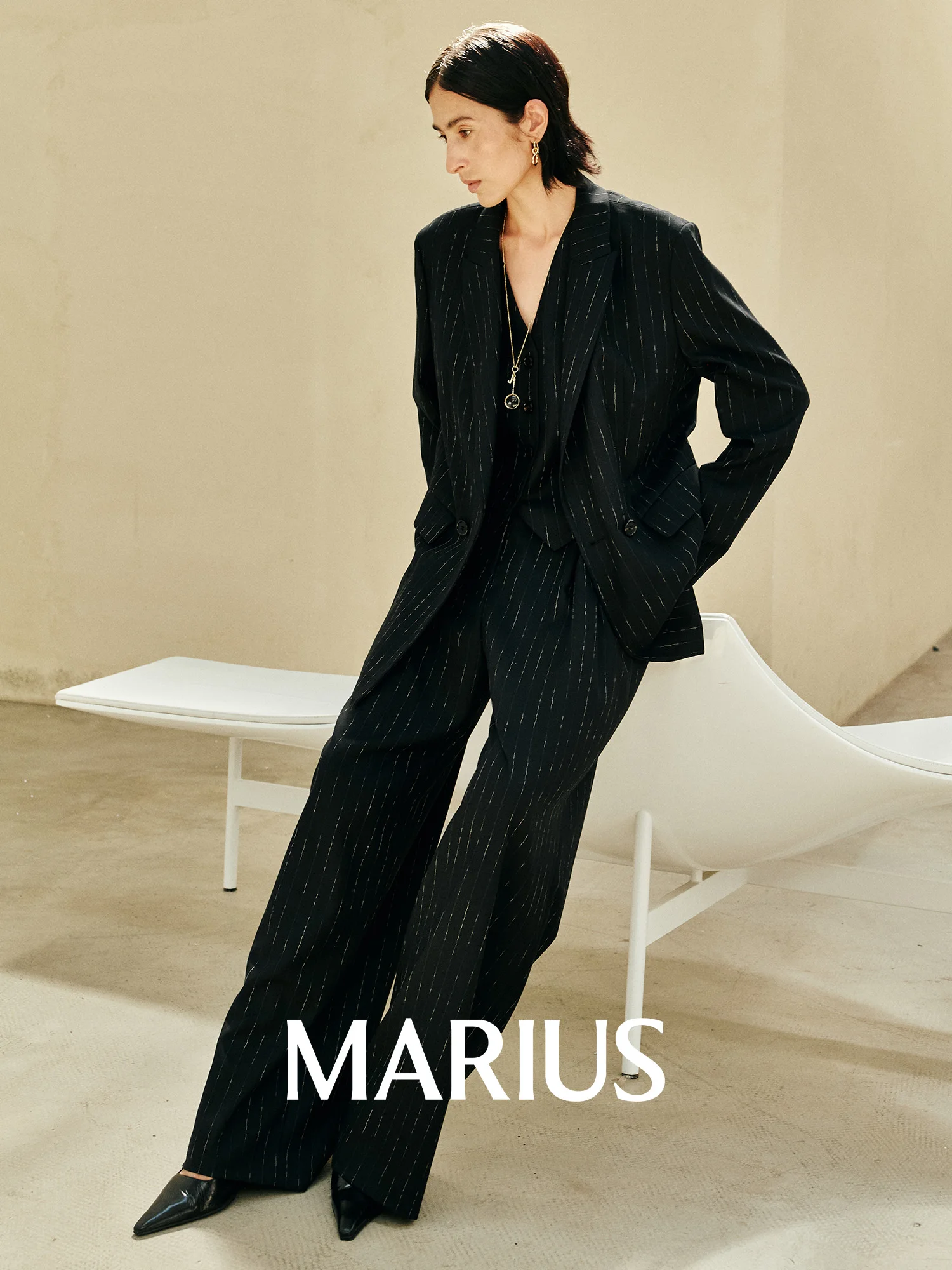 

Костюмный комплект MARIUS Bevelly 20 NIKKE: шерстяной полосатый жилет и брюки для женщин, повседневный, для работы, свободный крой, удлиненный, стандартной длины