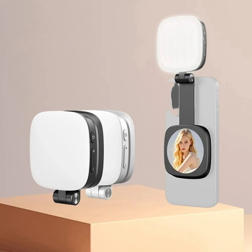 360 °   Luz magnética de rotação para selfie, com espelho de maquiagem, ajuste retrátil, luz de preenchimento para celular destacável