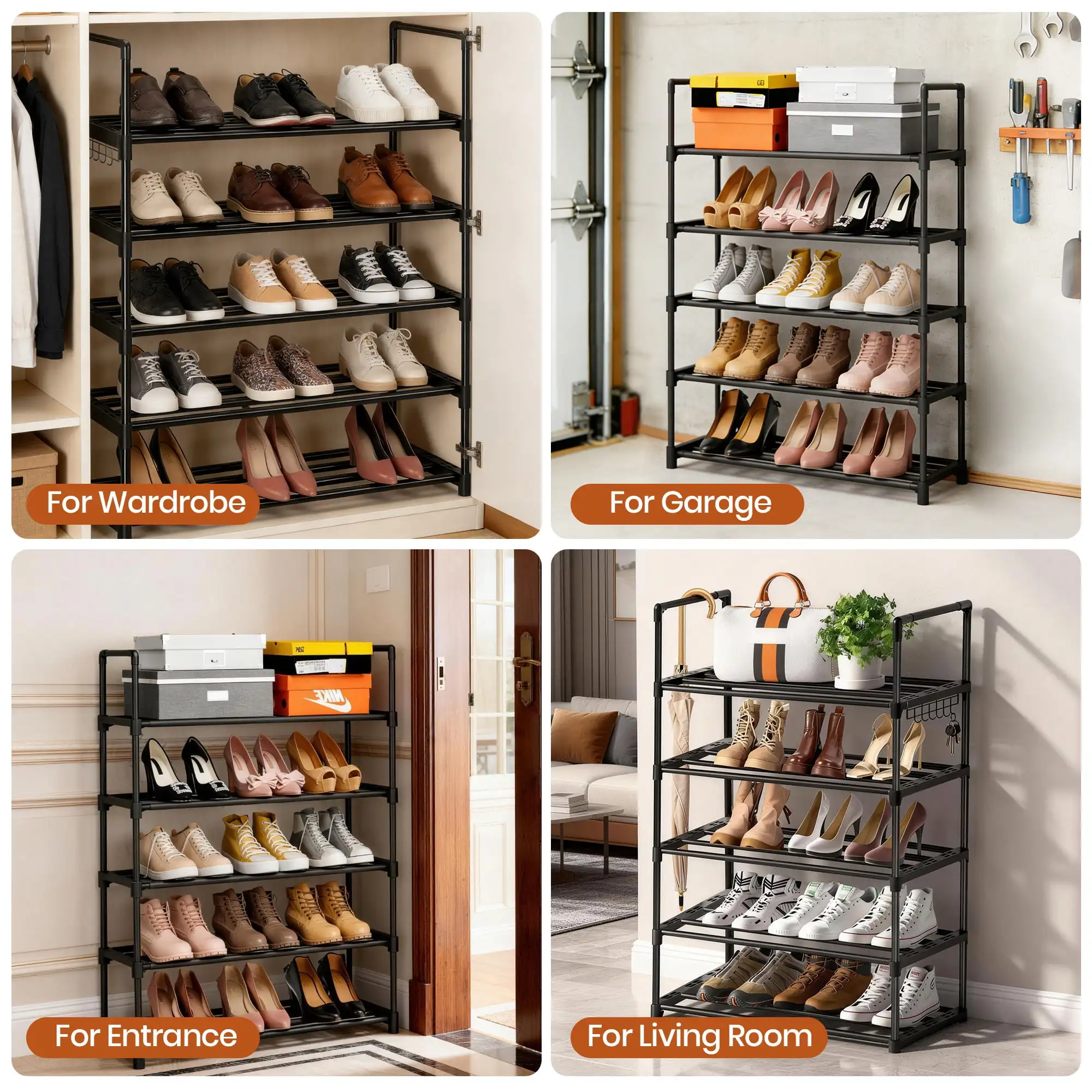 5 Tier Shoe Rack with Hooks Stackable Shoe Organizer Storage for Closet Entryway Dorm Garage