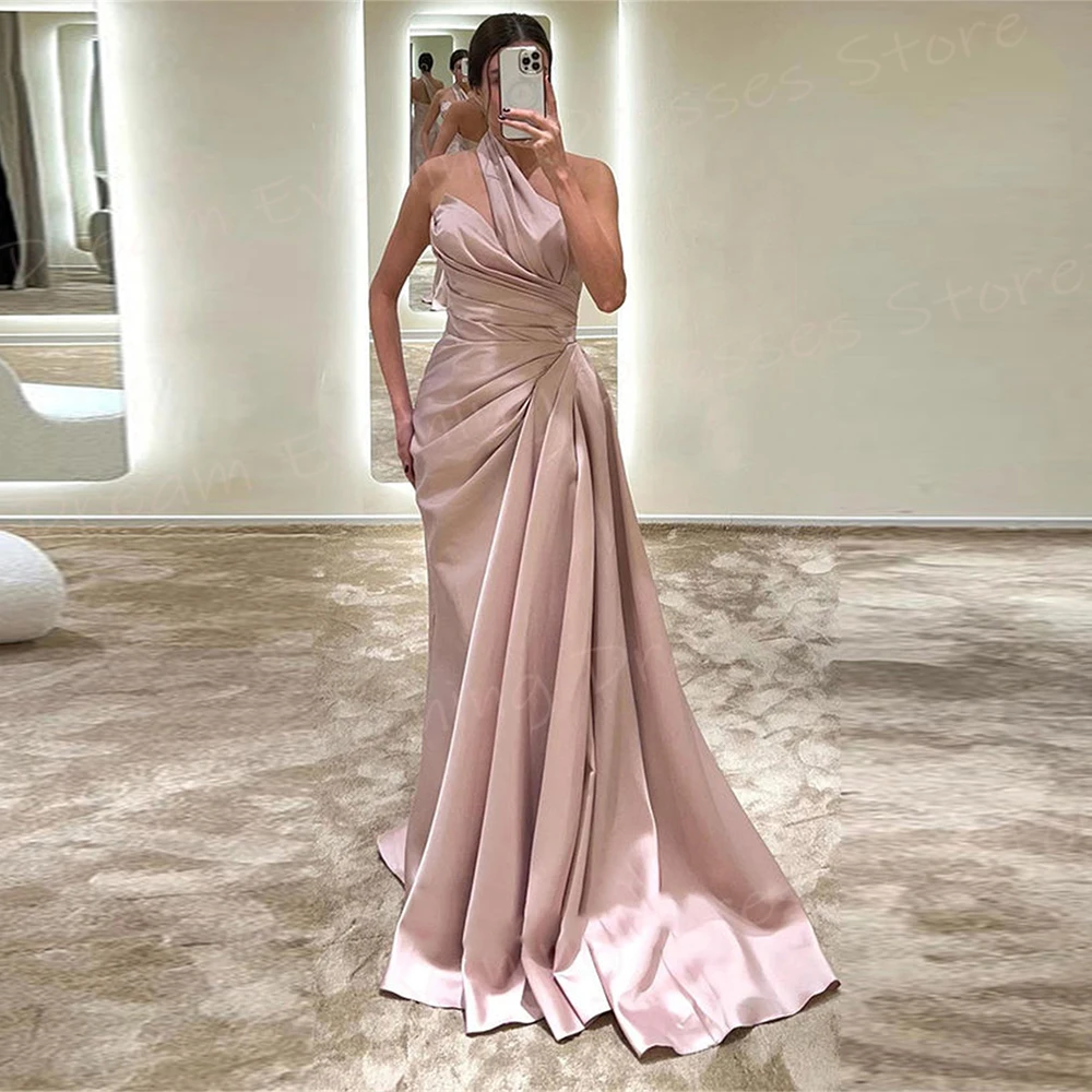 Elegante vestido de noite sereia feminino, simples de um ombro, sem mangas, plissado, rosa, novo, 2021