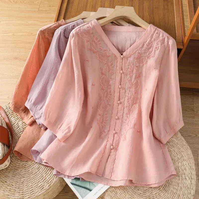 

Chinese Style Women's Blouse Embroidery Vintage Shirts Fashion Loose Summer Clothing Short Sleeve Cotton Linen Women Tops