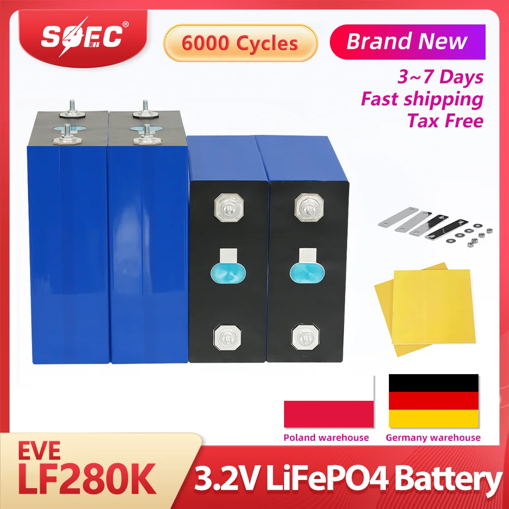 EU STOCK 3.2V 280Ah 280K GRADE A Lifepo4 Battery Cell 6000 Cycles Rechargeable Battery DIY 12V 24V 48V Solar Batteri  Pack