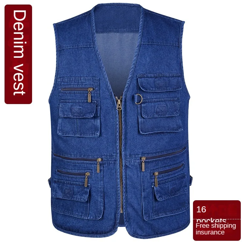 

Summer Men's Denim Blue Loose Multi-pocket Casual Outdoor Tooling Solid Color Vest Fishing Vest Overalls