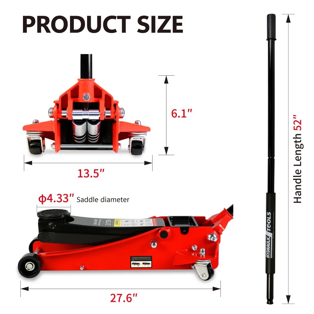 3t Low Profile Jack, Red and Black, Ultra Low Floor Jack with Dual Pistons Quick Lift Pump, Car Jack Hydraulic AutoLifts